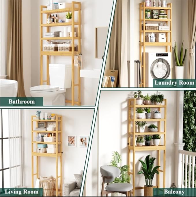 Smiry Over The Toilet Storage Cabinet, 4-Tier Bamboo Bathroom Organizers with Adjustable Shelf & 4 Hooks, Space Saving Shelf Rack for Bathrooms, Laundry Room, Balcony, Natural