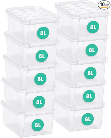 Classic 10 Clear Plastic Storage Boxes, 8L/8.5QT BPA-Free Stackable and Nestable Container with Secure Lid, Swedish Made Plastic Bins for Organization, L13.39 x W9.84 x H6.3-10 Pack