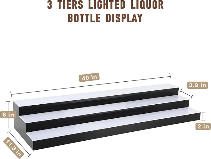 FAHKNS LED Lighted Liquor Bottle Display, 3 Tiers 40 Inch LED Liquor Shelves with RF Remote, Liquor Bottle Accessories Shelf for Home Bar, 16 Static Colors 4 Dynamic Mode