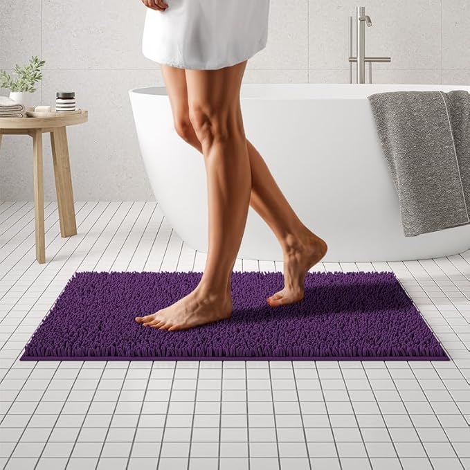 MAYSHINE Plush Shaggy Chenille Bath Mat | Extra Soft, Super Absorbent, Non-Slip Bathroom Rug | Fluffy Microfiber, Area Rug Sets for Bathroom Floor, Kitchen, Living Room | 39"x24" | Plum