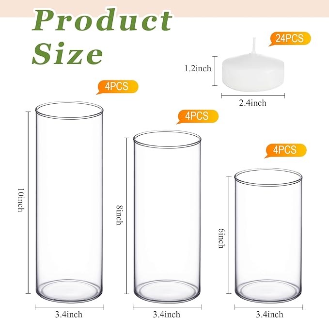 Sawysine 12 Cylinder Vases and 24 White Floating Candles for Centerpieces, 6, 8, 10 Inch Glass Hurricane Candle Holder Wedding, Tall Clear Flower Vases for Party Christmas Home Decor