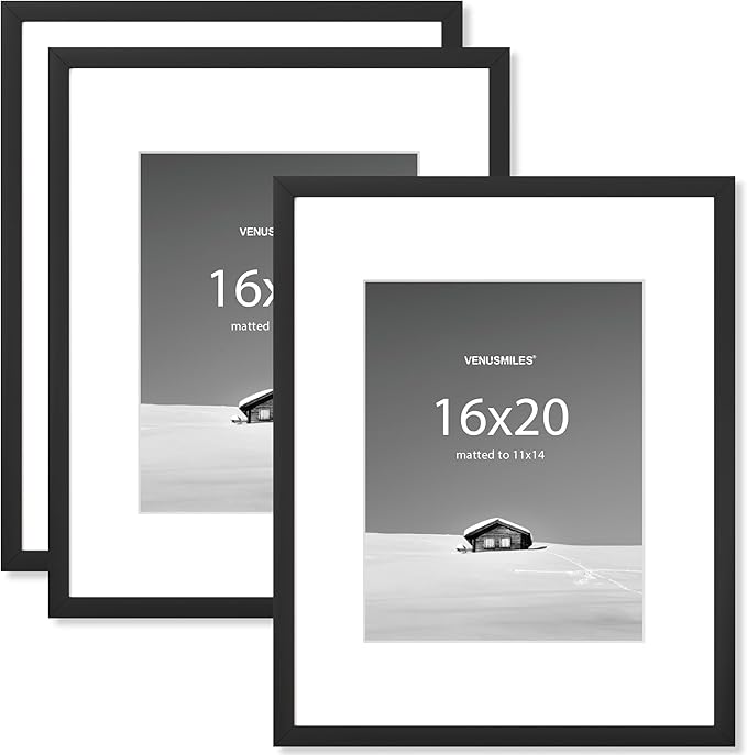 16x20 inch Picture Frame, 16x20 Photo Frames with 11x14 Removable Mat - High Definition Plexiglass - Vertical and Horizontal Display - Wall Hanging Frame - Black, 3 Pack