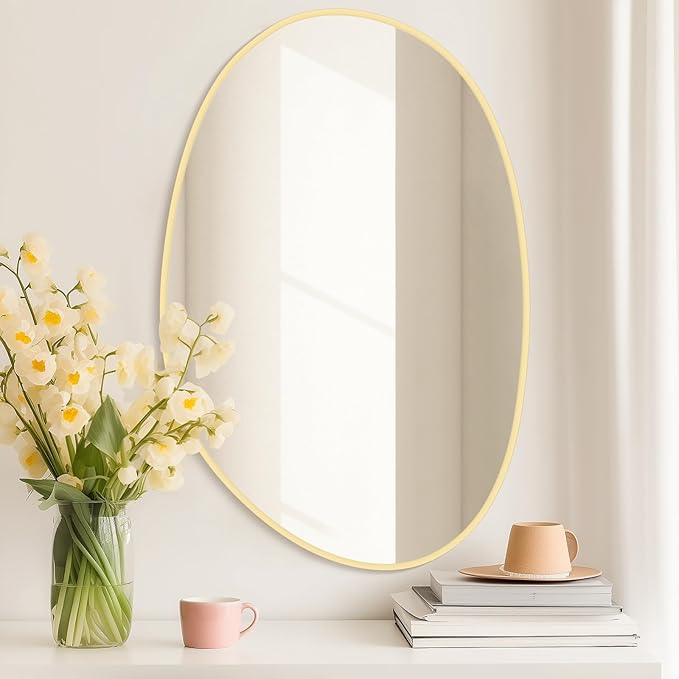 WallBeyond 19" H x 28" W Asymmetrical Decor Irregular Accent Wall Mirror for Entryway, Hallway, etc || Shape: Abstract & Unique Cobblestone, Vertical, Gold