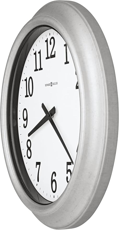 Howard Miller Stratton Metal Wall Clock – Indoor Outdoor Decorative Quartz Battery Operated Clock with Glass Cover Modern Design Galvanized Steel & Black Numerals for Elegant Office & Home Decor