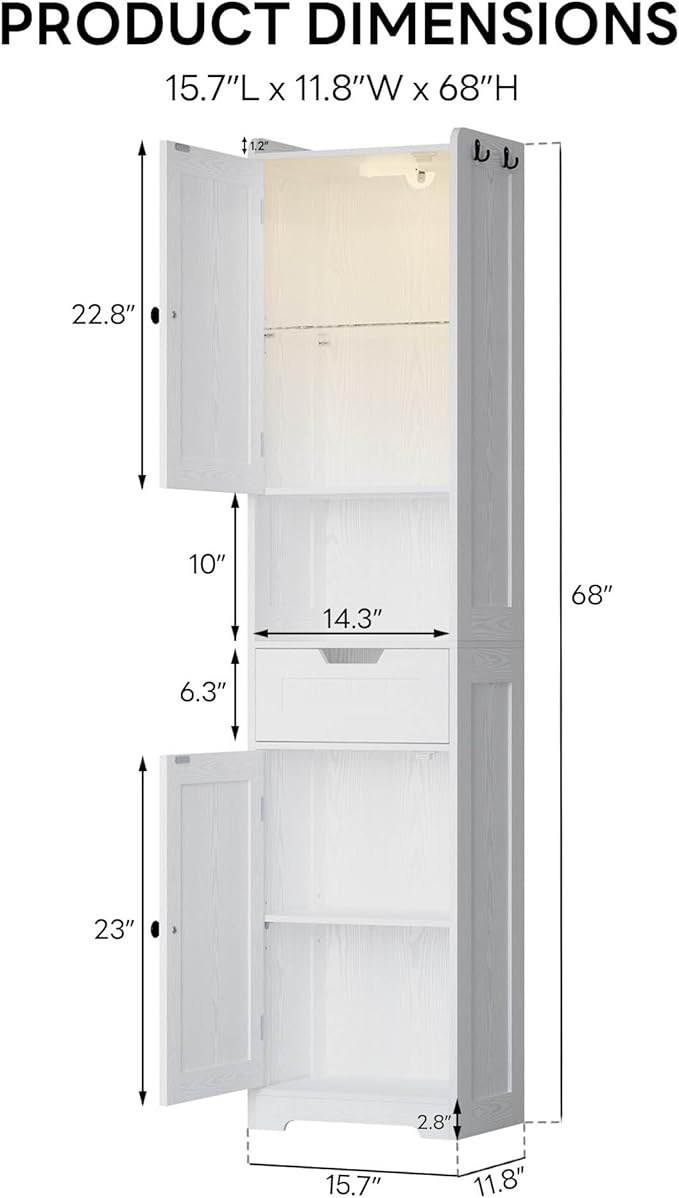 LIKIMIO 68" Tall Bathroom Storage Cabinet with Lights, Narrow Storage Cabinet with Adjustable Shelves, 2 Doors, 2 Hooks & 1 Drawer, Slim Freestanding Cabinet for Bathroom, Living Room, Kitchen, White