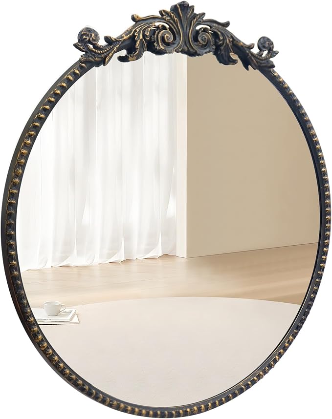 Round Mirror, 24''Baroque Style Circle Mirror Vintage Black Metal Frame Wall Mirrors for Vanity, Bathroom or Bedroom