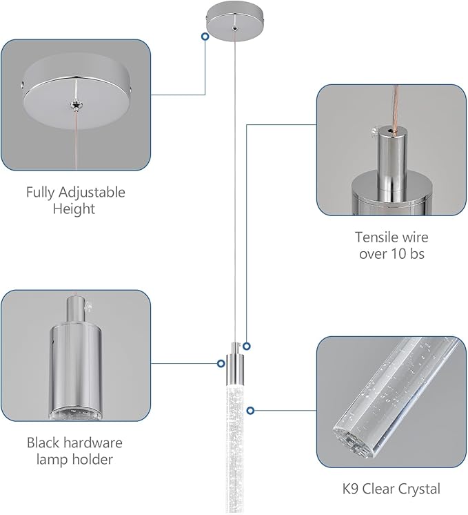 Modern Kitchen Island Pendant Light Dimmable LED Chrome Finish Mini Crystal Pendant Lighting Bedroom Bedside Table Small Pendant Lights（1-Pack）