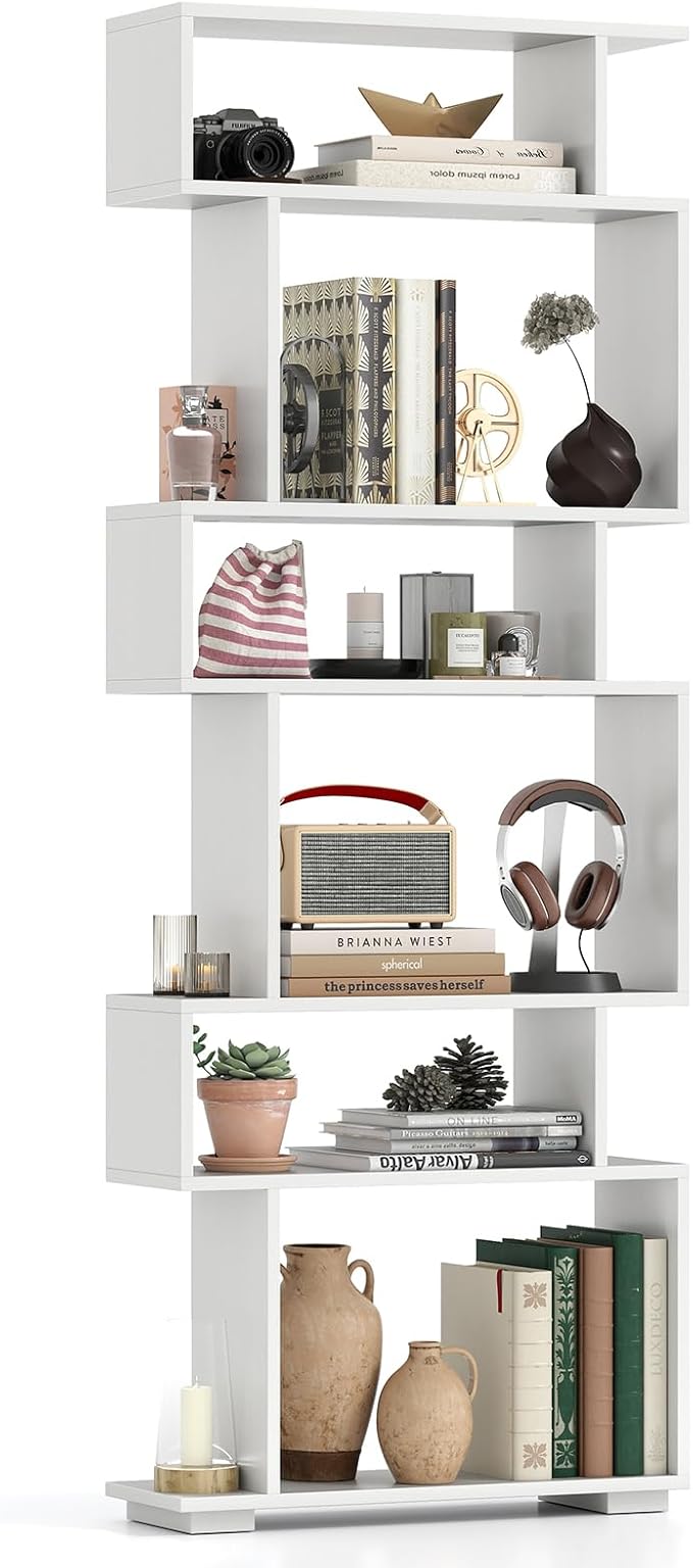 Tangkula 6-Tier S-Shaped Bookshelf, 64" Freestanding Geometric Bookcase, Home Office Wood Storage Shelf with Anti-Toppling Device, Room Divider Display Rack for Study, Living Room (1, White)