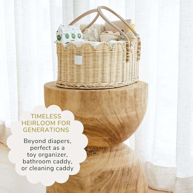 BEBE BASK Premium Baby Diaper Caddy Organizer - Handmade & Award-Winning Scalloped Rattan Basket - Luxury Diaper Caddy Basket - Elegant Scalloped Edge (Natural)