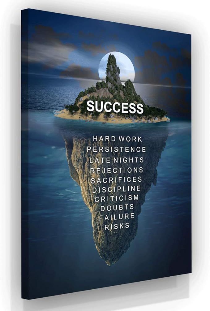 Island Success Canvas Print Motivational Office Decor Modern Art Night House Iceberg Motivation Hustle Entrepreneur Inspirational Pop Arts (18" x 12")