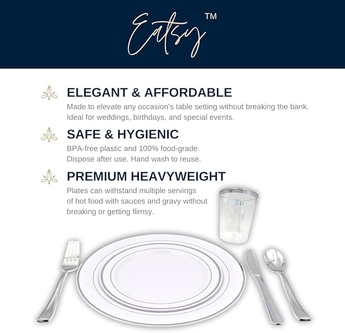 Tableware Dinnerware Set, Premium Heavyweight, Reusable or Disposable Party Plates, Includes Dinner Plate, Dessert Plate, Cutlery, and Cup (Silver, 150-Piece Set, Serves 25 Guests)