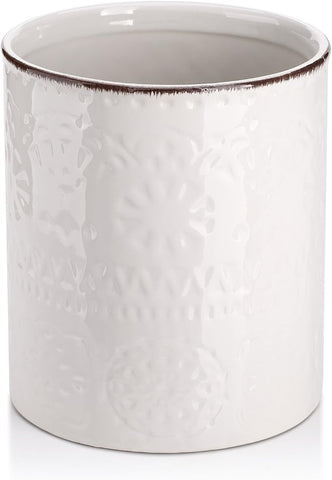 DOWAN 7.2" Kitchen Utensil Holder, Extra Large Farmhouse Utensil Holders for Countertop, Ceramic Utensil Crock, Anti Slip Cork Bottom (White, 7.2 Inch)