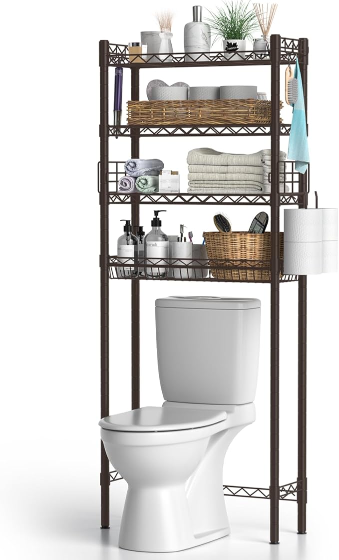 4-Tier Over Toilet Storage Shelf, Bathroom Organizer With Adjustable Freestanding Shelves, Space Saver Rack Above Toilet, Espresso
