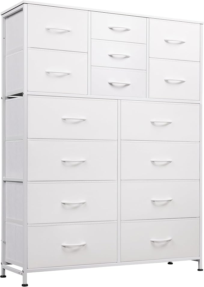 WLIVE Tall Console Table with 15 Fabric Drawers, Entryway Table with Storage, Tall Storage Organizer with Wood Top, Steel Frame for Living Room, Hallway, Office, White