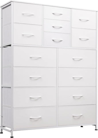 WLIVE Tall Console Table with 15 Fabric Drawers, Entryway Table with Storage, Tall Storage Organizer with Wood Top, Steel Frame for Living Room, Hallway, Office, White