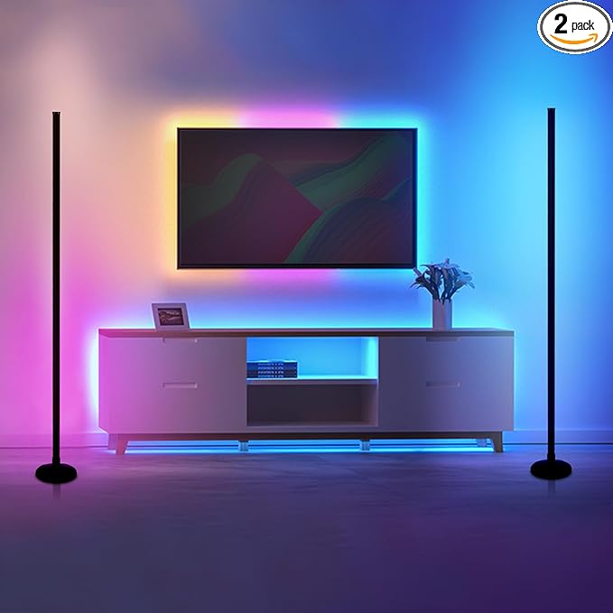 2PCS RGB Corner Floor Lights, Floor Lamp RGB Color Changing Corner Lamp LED Modern Floor Lamp with Bluetooth APP and Remote Control Music Sync, 65" Mood Lighting 24H Timing 398+ DIY Modes Lamp