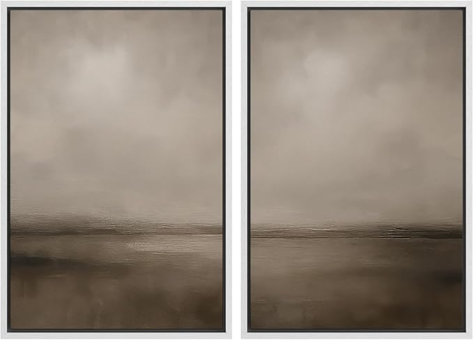 MUDECOR Framed Canvas Print Wall Art Abstract Brown and Taupe Modern Minimalist Misty Landscape Illustrations Modern Art Decorative Bohemian for Living Room, Bedroom, Office - 16"x24"x2 White