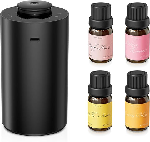 Waterless Essential Oil Diffuser Starter Kit with 4 x 10mL Fragrance Scent Oil, Battery Operated Mini Scent Air Machine Portable Diffuser for Home Car Office, ANX Black Kit01