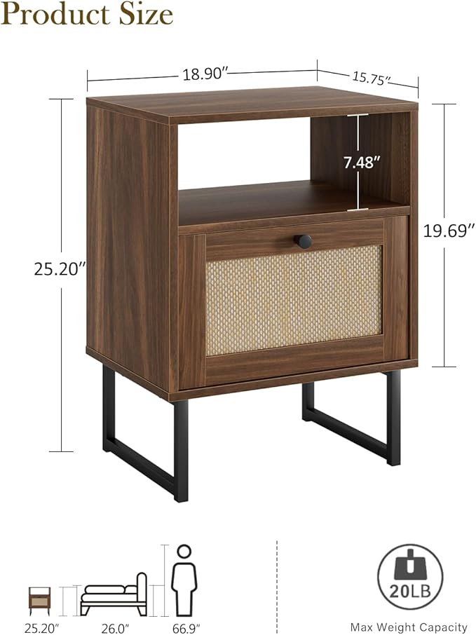 Rattan Nightstand, Mid Century Modern Night Stand,Boho Farmhouse Wood Bedside Table with Storage and Open Shelf, End Side Accent Table for Bedroom,Living Room,Walnut