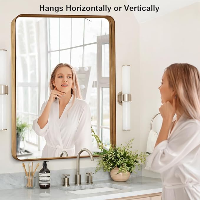 Wood Grain Colored 24x36 Inch Metal Framed Mirror for Wall, Large Rounded Rectangle Mirror, Anti-Rust, Tempered Glass, Hangs Horizontally or Vertically