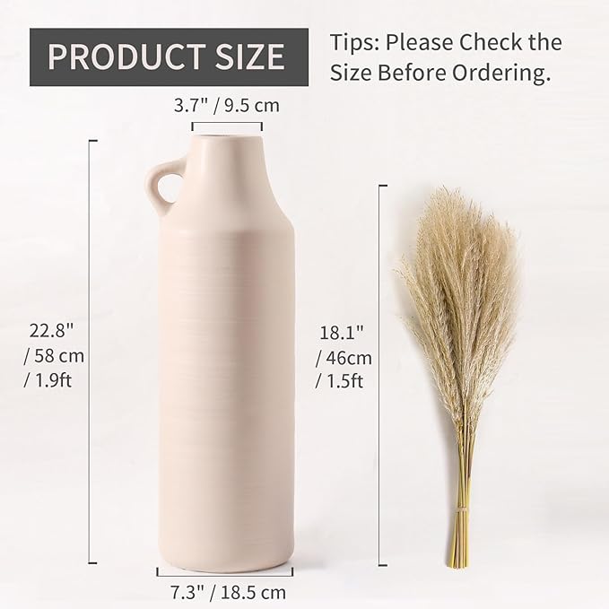Mitt&Ditt Tall Floor Vase with Handles, 22.8 inch Large Flower Vase, Boho Decorative Pampas Grass Vases, Modern Ceramic Vase for Home Decor, Living Room, Table (Khaki)