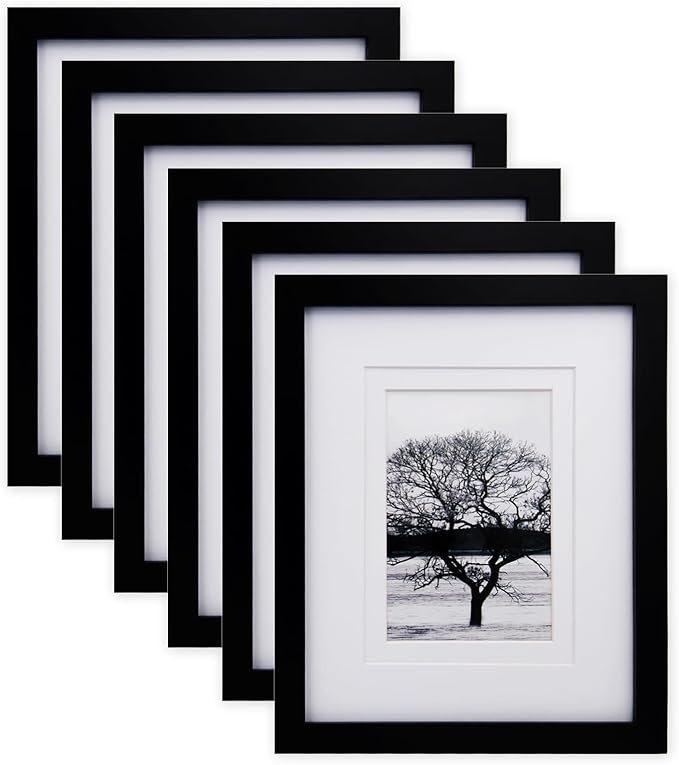 Egofine 8x10 Picture Frames Set of 6, Made of Solid Wood Covered by Plexiglass Display 4x6 and 5x7 with Mat or 8x10' without Mat, for Table Top Display and Wall Mounting Photo Frame Black