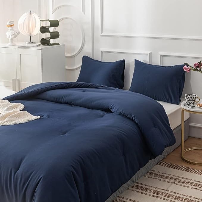 Pureant Navy Blue Comforter King Set Dark Blue Bedding Comforter Set Solid Navy King Blanket Quilts Men Women Cotton Blue King Size Comforter Breathable Soft Navy Blue Comforter with 2 Pillowcases