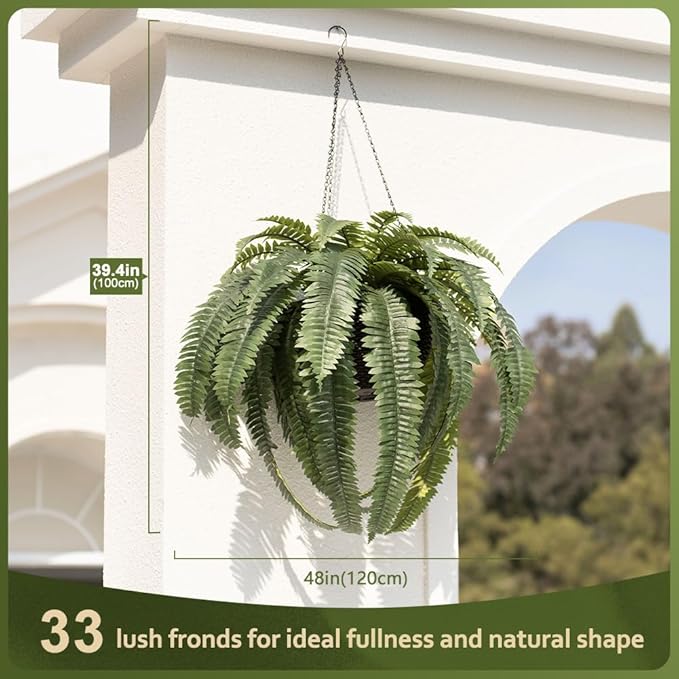 48" Artificial Boston Fern Hanging Plants with Basket - UV Resistant Fake Plant for Outdoor Indoor - Large Realistic Faux Greenery for Front Porch, Front Door, Patio Decor, Set of 2, VN142