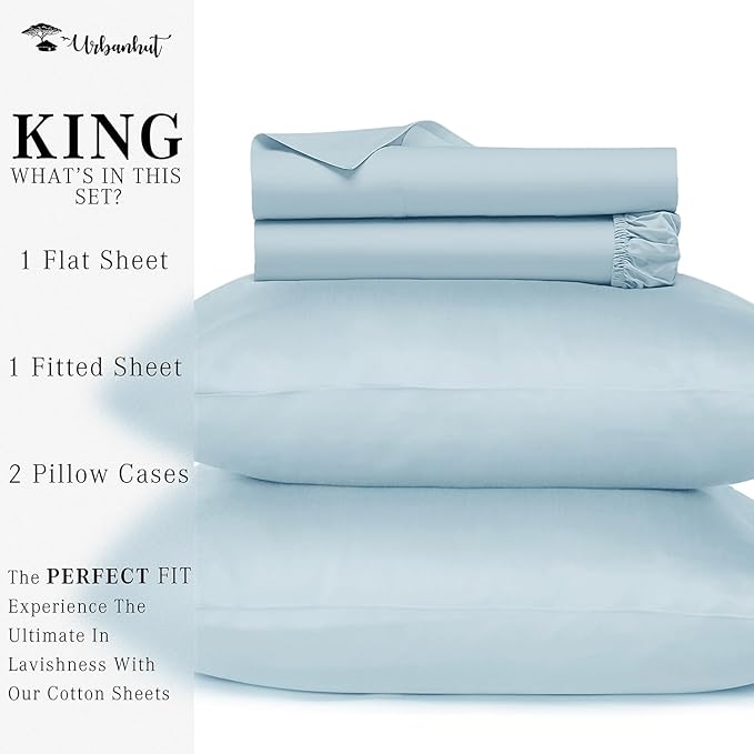 URBANHUT 700 Thread Count King Size Egyptian Cotton Sheets, 4Pc Sheet Set Soft Luxury Bed Sheets for King Size Bedding, Sateen Weave Hotel Bedsheets, 16'' Elasticized Deep Pocket - Light Blue