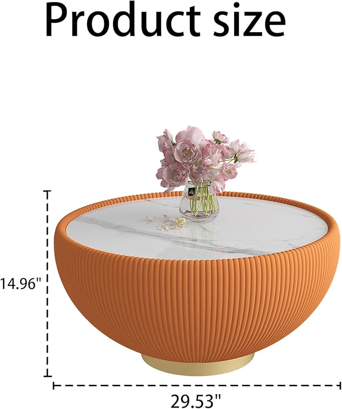 29.53" Round Coffee Table Luxury Cup Shape Leather Coffee Tables, Circle Sofa Couch Table PU Leather, Modern White Marble Top Drum Bowl Living Room Tables for Living Room Bedroom Apartment