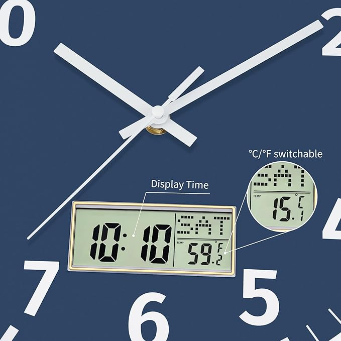 Foxtop Digital Wall Clock with Time, Day of Week and Temperature, Silent Non-Ticking Battery Operated Round Digital and Analog Wall Clock for Classroom Office Bedroom Home School (12 Inch, Blue)