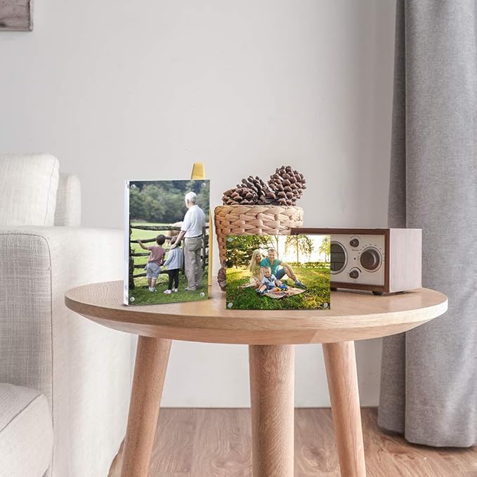 AMEITECH Acrylic Photo Frame 5x7 inches, Free Standing Desktop Double Sided Magnetic Picture Display, 10 + 10MM Thickness Clear Magnet Photo Frame with Microfiber Cloth, Gift Box Package