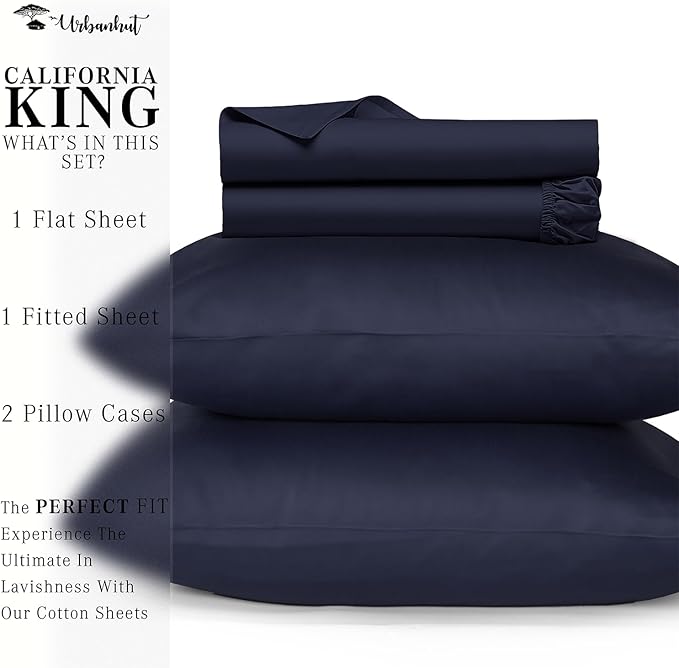 URBANHUT 700 Thread Count California King Size Egyptian Cotton Sheets, 4Pc Sheet Set Soft Luxury Bed Sheets for Cal King Size Bed, Sateen Weave Hotel Sheets, 16'' Elasticized Deep Pocket - Navy Blue