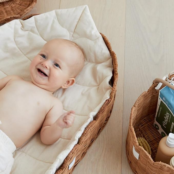 BEBE BASK Premium Baby Diaper Caddy Organizer - Handmade & Award-Winning Scalloped Rattan Basket - Luxury Diaper Caddy Basket - Elegant Scalloped Edge (Mocca)