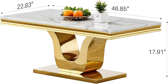 SSLine Rectangular Faux Marble Coffee Table for Living Room Modern Luxury White Marble Center Table with Gold Pedestal Base 46.8" Mid-Century Cocktail Table with Mirrored Stainless Steel Frame