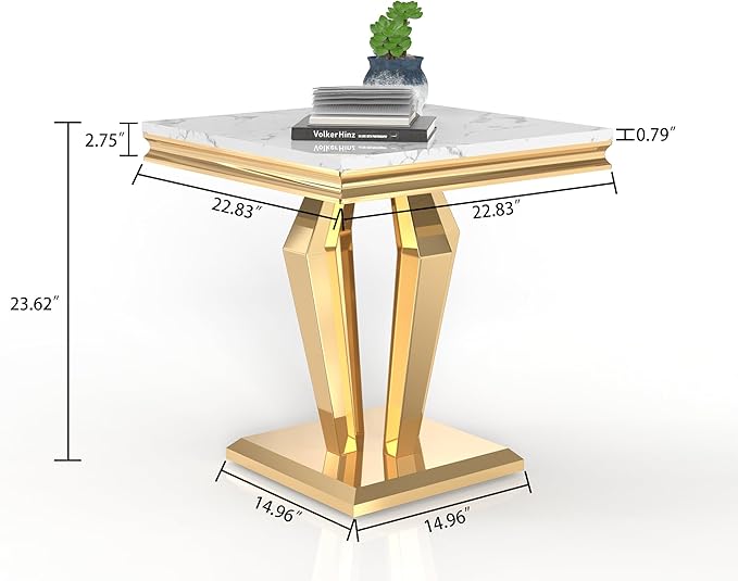 SSLine Modern White Faux Marble End Table Luxury Square Sofa Side Table with Gold Diamond Base Mid-Century Elegant Bedside Table w/Mirrored Stainless Steel Frame for Living Room Bedroom