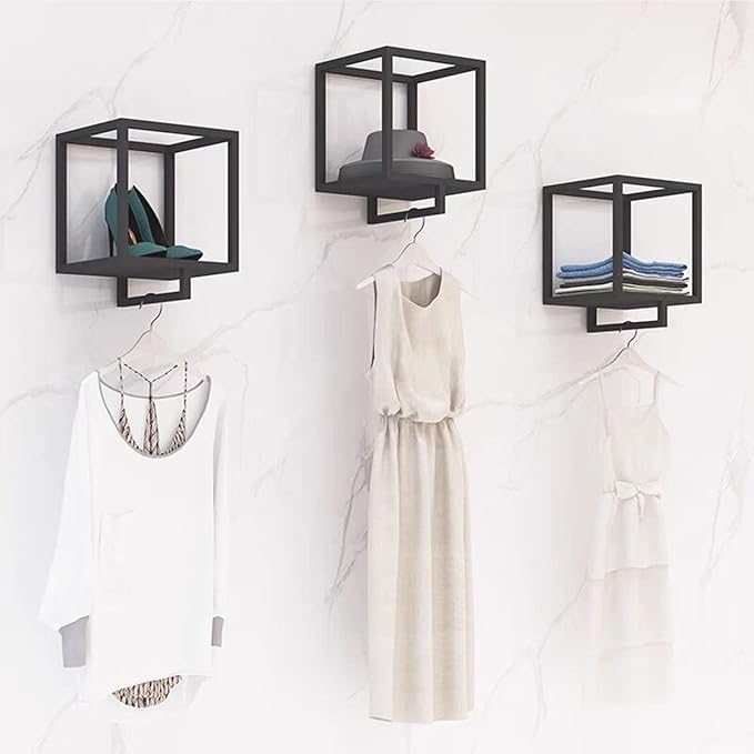 Metal Garment Racks in Boutique Clothing Stores Display,Wall-Mounted Hanging Potted Plants Clothes Shelf in Home,Towel Rack for Bathroom Storage Shelves (Black, 11.8" L)