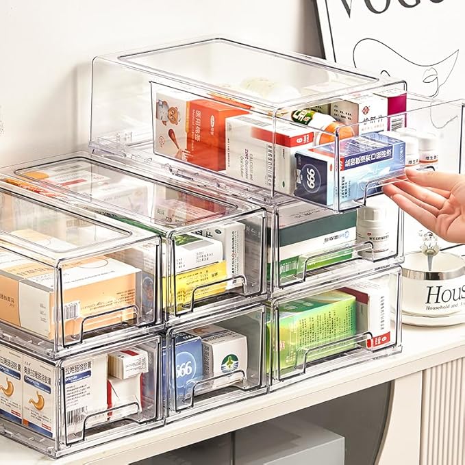 clear Drawer-Type Plastic Storage Box Bins Organizer，Family First Aid Kits Medicine cabinet Box Organizer,Closet ，Shelf，Ointments, Adhesive Bandages，Cosmetics,Office Items (clear, 6L)