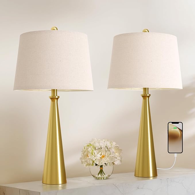 Oneach 25.75" Modern Table Lamp Set of 2, Bedside Lamps with USB Ports, Brass Gold Nightstand Lamps Set for Living Room Bedroom House Bedside Home Office Family