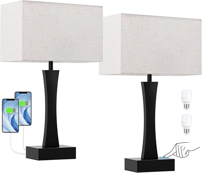 Bedside Lamps for Night Stands - 3 Way Dimmable Table Lamp for Bedroom with USB C+A Ports,Modern Bedside Lamps Set of 2, Touch Lamps for Nightstands(Cream)