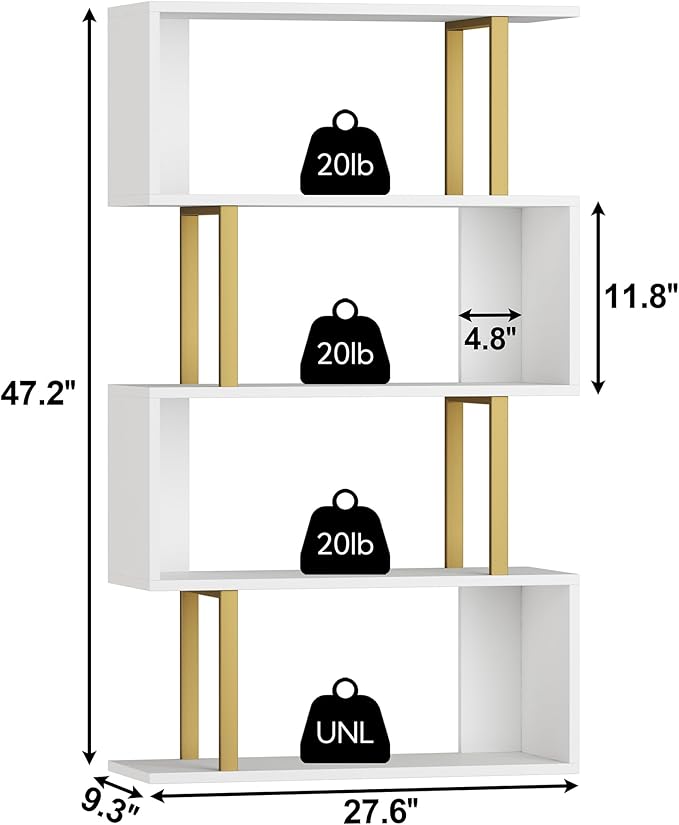 Yusong Geometric Bookcase, S Shaped Bookshelf 4-Tier Book Shelves for Bedroom, Modern Wood Decorative Display Shelf Tall Book Case for Home Office, Gold and White