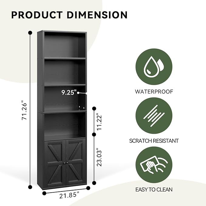 Tall Bookshelf Set of 2, 6 Tier Floor Standing Bookcase with Two Hinged Doors, Storage Organizer Display Shelves, Modern Corner Bookshelf Storage Cabinet for Living Room, Office, Black