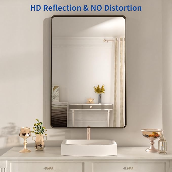 WEER 24x36 Inch Bronze Bathroom Mirror for Vanity, Brushed Bronze Metal Frame Rounded Rectangle Mirror with Tempered Glass, Anti-Rust (Horizontal/Vertical)