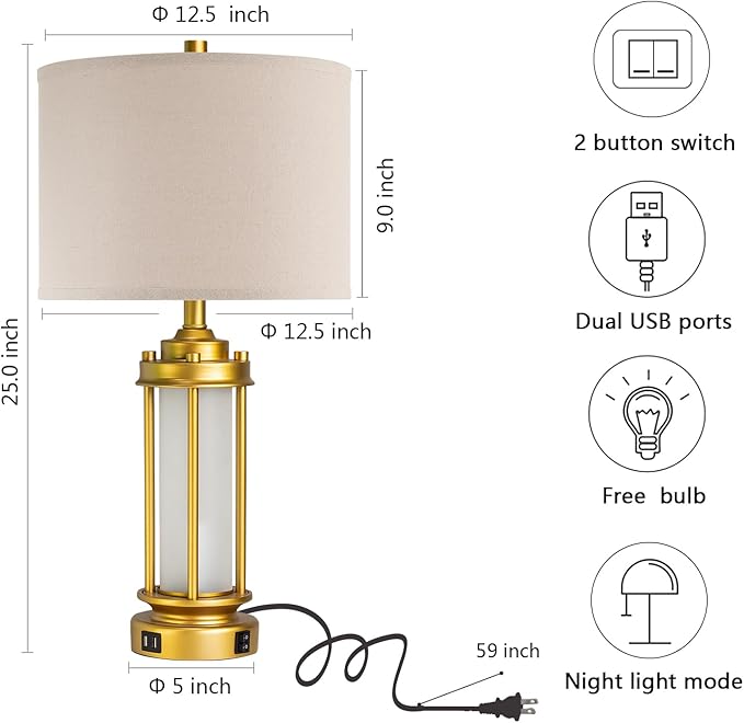 Modern Bedroom Table Lamps Set of 2, Farmhouse Vintage Bedside Lamp with 2 USB Ports, Gold Nightstand Desk Lamps with Glass Nightlight for Living Room Entryway Dresser, 4 Bulbs Included