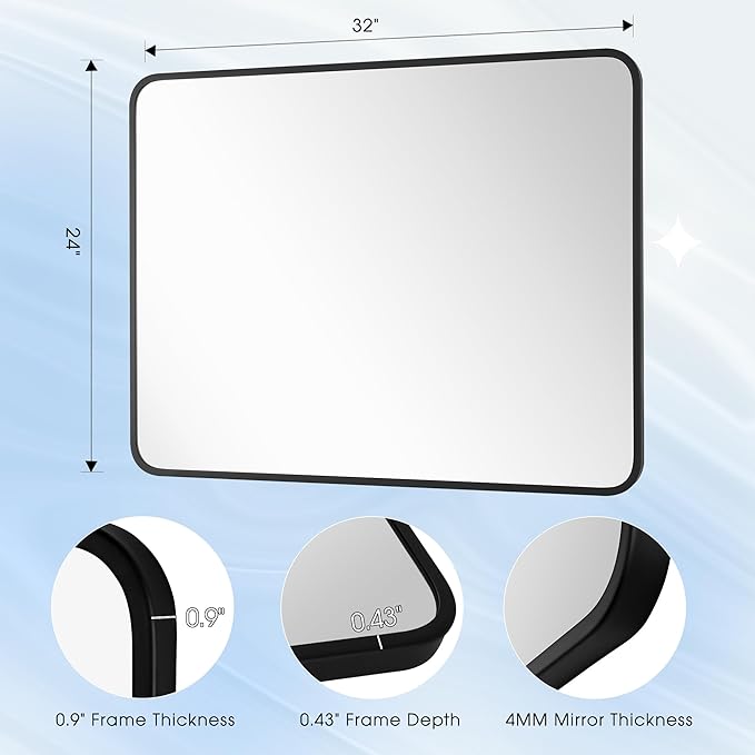 24x32 Inch Rectangle Bathroom Mirror with Black Metal Frame, Rounded Corner Rectangular Vanity Mirror for Wall, Modern Large for Bedroom, Living Room, Horizontal or Vertical