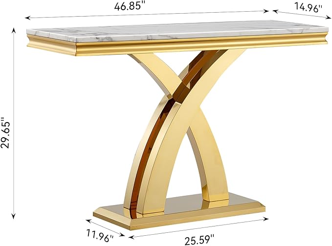 Marble Console Entryway Table, 47 inch Faux Marble Narrow Long Sofa Table, Modern White Tall Accent Table for Living Room, Entrance Table with Gold Geometric Stainless Steel Frame