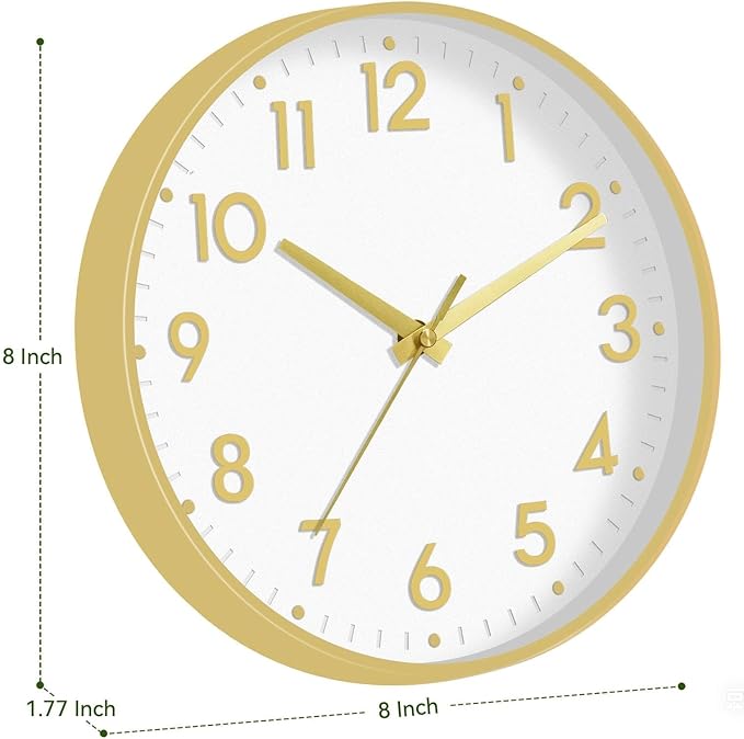 Mosewa Wall Clock 8 Inch, Battery Operated Silent Non-Ticking Modern Analog Clock Decorative for Kitchen, Bedroom, Office, Living Room(White Gold)