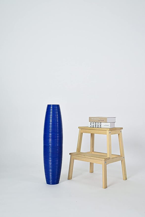 Leewadee Large Blue Home Decor Floor Vase – Wooden 28 inches Tall Farmhouse Decor Flower Holder for Fake Plant and Pampas Grass