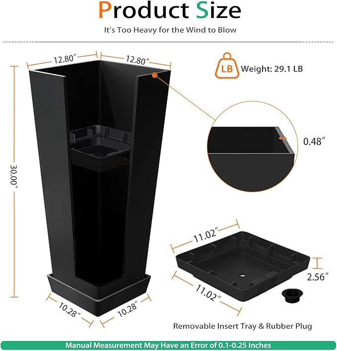 Tall Planters for Outdoor Plants, Large Resin Flower Pots with Saucers for Garden, Front Porch, Patio, Indoor - Set of 2 (Black, 30 inch - 2 Pack)