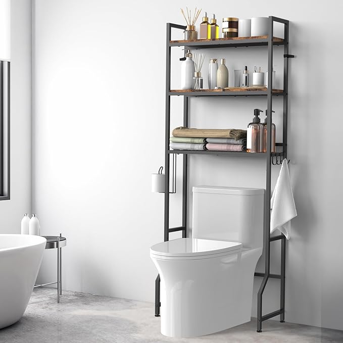 Over The Toilet Storage, Over Toilet Bathroom Organizer 3 Tier, Above Toilet Storage Rack for Bathroom Freestanding Bathroom Space Saver with Metal Frame and 4 Hooks for Laundry, Brown